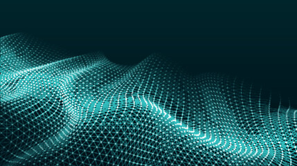 Obraz premium Futuristic moving wave. Digital background with moving glowing particles. Big data visualization. Vector illustration.