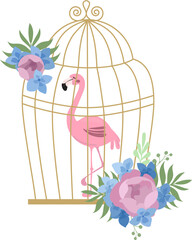 flamingo in a birdcage decorated with flowers, tropical flat style illustration