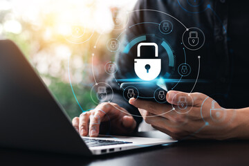 Cybersecurity concept, padlock icon and internet technology network, secure encryption of user's personal data, secure internet access.
