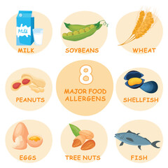 Eight major food allergens. Allergy set. Vector illustration