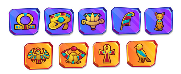 Cartoon egyptian culture religious symbols. Ancient Egypt icons for game user interface. Vintage objects of bastet cat goddess, eye of horus, scarab, ankh cross, lotus, ra and ibis. Protective amulet. - obrazy, fototapety, plakaty