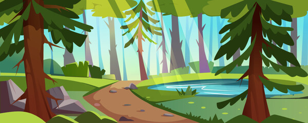 Forest landscape with pond, trees and bushes, green grass and path with stones. Nature scene with lake, footpath and sunlight rays. Vector cartoon illustration of summer natural park.