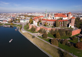 Wawel Castle, Kraków, Poland, Vistula River by drone (aerial view, city panorama)