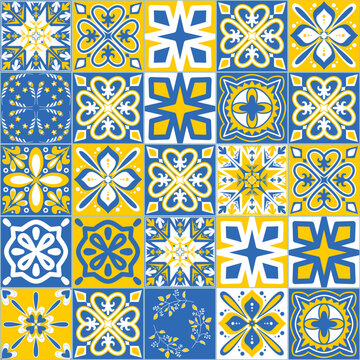 Ceramic tiles for wall and floor decoration, blue yellow white color, symmetrical pattern vector illustration