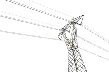 Photography of a High voltage tower, power line with electric cables and insulators. Isolated on transparent or white background, png.