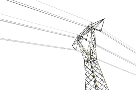 Photography of a High voltage tower, power line with electric cables and insulators. Isolated on transparent or white background, png.
