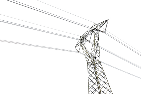 Photography of a High voltage tower, power line with electric cables and insulators. Isolated on transparent or white background, png.