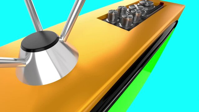 Vintage yellow TV receiver with green screen isolated on blue background - 3D 4k animation (3840x2160 px).