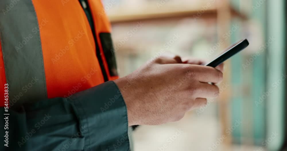 Poster Hands with smartphone, typing communication and technology for email or text while working, check in and connection. Male engineer, construction and job site, connect and contact us on mobile phone.