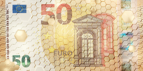 50 Euro banknote EUR as hexagonal grid structure with golden elements 3d-illustration