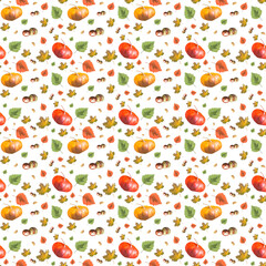 seamless watercolour pattern with autumn leaves and pumpkins composition on white background for decoration, wallpaper, wrappers, postcards and celebrations.   