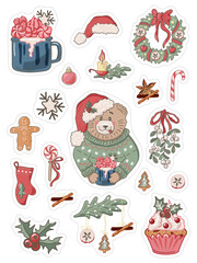 Stickers set with bear, winter hot drink, cupcake, mistletoe, Santa hat, christmas wreath. Vector illustration.