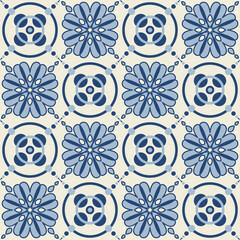 Blue monochrome ceramic tiles, square tiles with colorful floral pattern, stylish design element for interior decoration, vector illustration