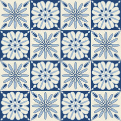 Blue indigo flower pattern on ceramic tiles, illustration for design and decoration