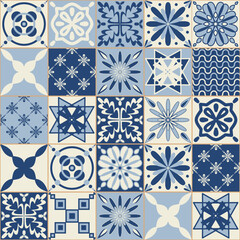 Blue monochrome ceramic tiles, square tiles with floral pattern, stylish design element for interior decoration