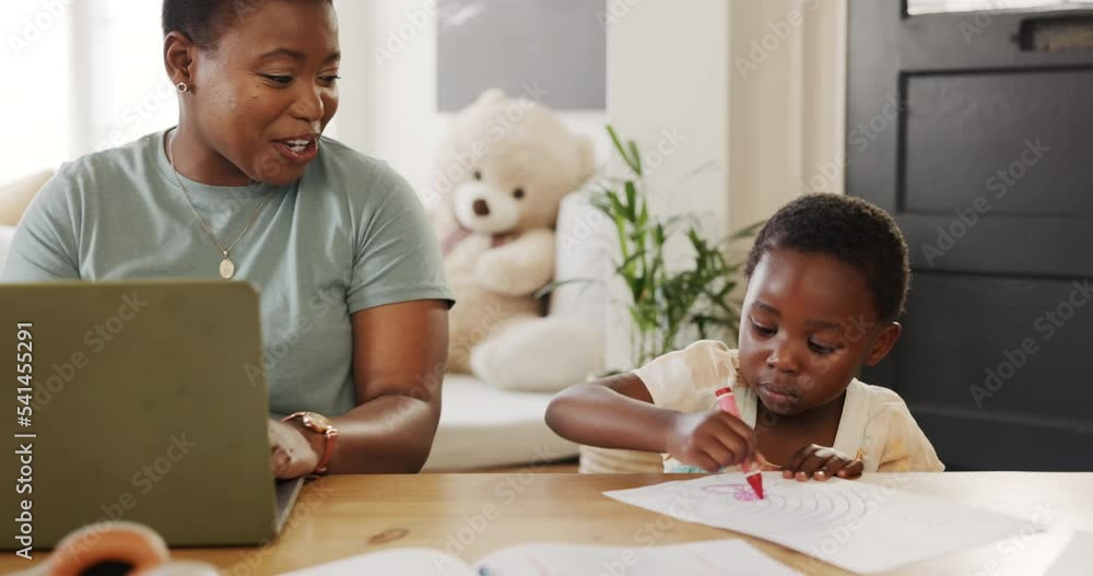 Poster Learning, drawing girl and mother on laptop, working from home and helping daughter with art. Black family, education and remote worker mom, multitasking and teaching kid, bonding and care in house.