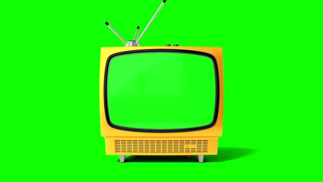 Vintage yellow TV receiver with green screen isolated on green background - 3D 4k animation (3840x2160 px).