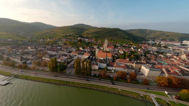 Aerial landscape shot of the city Stein and the Danube, lower Austria.