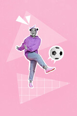 Vertical creative photo collage illustration of funny carefree positive girl pass punch ball yell...