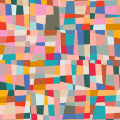 Abstract geometric vector background with random pattern of simple shapes like rectangle, square, triangle and polygon. Pastel colored retro style colorful mosaic.