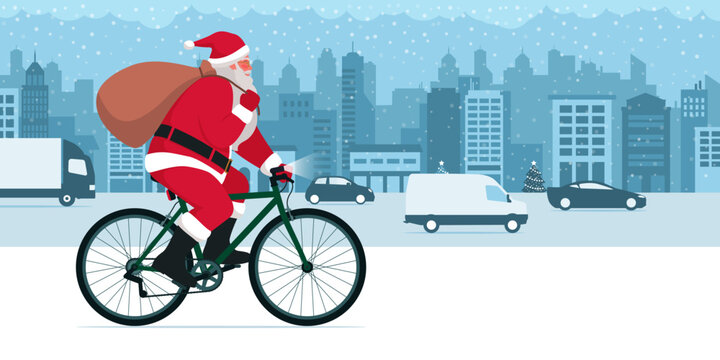 Santa Claus riding a bicycle and carrying a sack