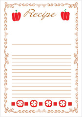 Cookbook page template for writing recipes. The page is decorated with a beautiful decorative frame. Write a recipe for making sweet red peppers. Vector illustrat