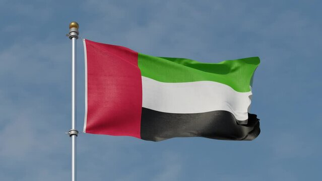 Flag of United Arab Emirates Waving in the wind, Sky and Sun Background, Slow Motion, Realistic Animation, 4K UHD. National symbol of UAE. UAE National Day. UAE flag day. Looped animation. Loop.