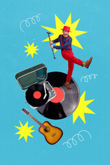 Vertical creative collage photo of positive funky guy dancing on vinyl record retro music event...