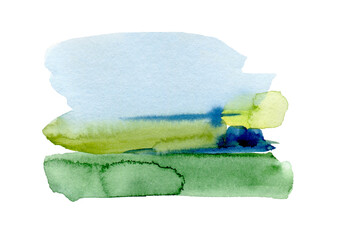 Watercolor abstract landscape. Blue sky and green meadow. Hand painted background.  Artwork painting for poster, card, banner, text, web.