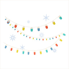Multicolored garland with light bulbs and snowflakes