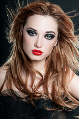 Fashion Girl Portrait. long  Hair and red lipstick. Wapm makeup. - 541461230