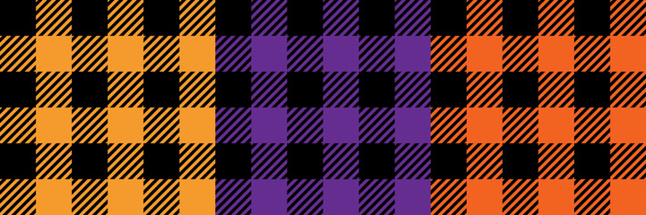 Tartan Cloth Pattern. Set of checkered plaid. Vector illustrations. Simple seamless background of Scottish style for modern designs. For the design of Halloween. Black, orange, and violet colors.