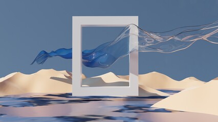 3d rendering outdoor scene of blue to transparent glossy plastic wave flow through white rectangle frame in the middle of white sand dune with dark blue water