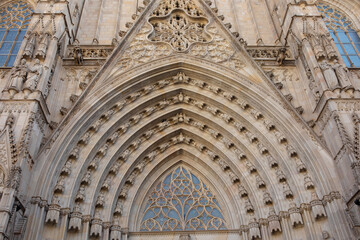 BARCELONA, SPAIN - OCTOBER 16, 2022. Front view of Barcelona's gothic Cathedral at dusk, also known as La Seu, located in the heart of Barcelona's Gothic Quarter.