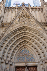 BARCELONA, SPAIN - OCTOBER 16, 2022. Front view of Barcelona's gothic Cathedral at dusk, also known as La Seu, located in the heart of Barcelona's Gothic Quarter.