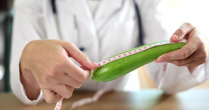 Doctor urologist measuring size of cucumber with measuring tape closeup 4k movie slow motion 