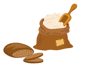 Bags flour, wheat ears and bread. Wheat, rye, rye ear, symbol of farming, bread, harvest. Whole grain, yeast baked bread. food sign. Whole stems, an organic vegetarian element. Vector illustration.