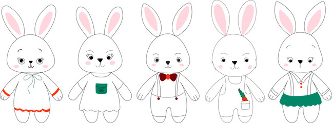 cute rabbits character doodle sketch ,outline isolated vector