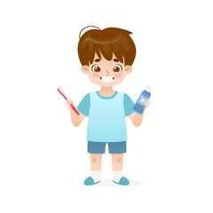 Cartoon baby boy holding toothbrush and toothpaste. Cute kid with dazzling smile holding dental hygienic toiletries.