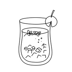 Drink, alcoholic cocktail, festive beverage for holiday celebrating. Use for decorating design menu. Hand-drawn doodle style. Editable stroke. Isolated. Vector illustration
