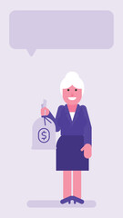Old business woman holding money bag and smiling