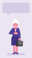 Old business woman holding suitcase and keeps hand on chest