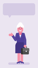 Old business woman holding suitcase and pointing hand