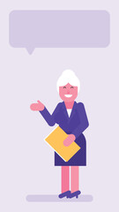 Old business woman three quarters face pointing hand and holding folder