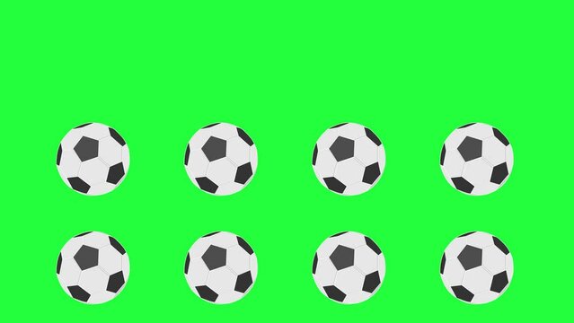 Animation of flying in and spinning soccer balls on a green and white background