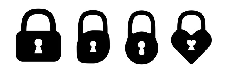 Black vector lock set isolated on white background. Padlock icon collection to use in design projects for IT, cyberspace, internet security, privacy, webdesign. Rectangle, round, heart shaped lock set