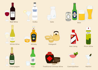 Wine and alcohol bottles, wine glasses, cups and bowls in different countries