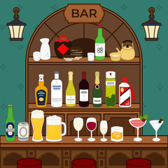 Interior of pub and bar counter with alcohol bottles, cups and glasses on shelves