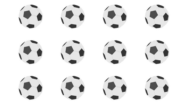 Animation of spinning soccer balls on a green and white background