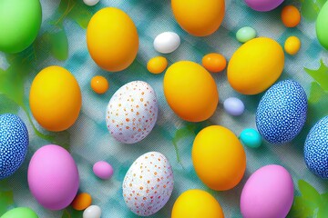 Set of Easter seamless Patterns in blue, orange, green, violet. Pattern design set with Eggs, Gingham, Polka Dot and Stripes. Endless texture for web, picnic tablecloth, wrapping paper.